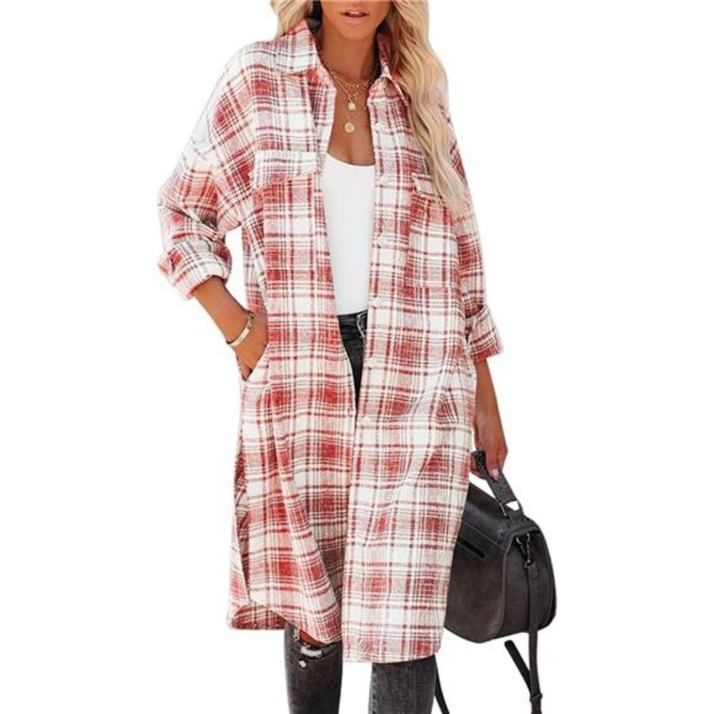 Womens Fall Plaid Long Cardigans Shacket Jacket, Red